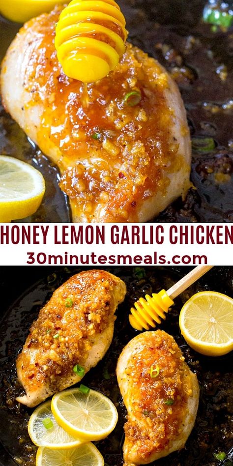 Honey Lemon Garlic Chicken is made with a sweet and sticky sauce in one pan and ready in just 30 minutes. #30minutesmeals #easyrecipes #chicken #honeylemongarlicchicken Honey Chicken Recipe, Marinate Chicken, Honey Lemon Chicken, Lemon Chicken Recipe, Lemon Garlic Chicken, Chicken Entrees, Easy Chicken Dinner Recipes, Roast Chicken Recipes, Honey Garlic Chicken