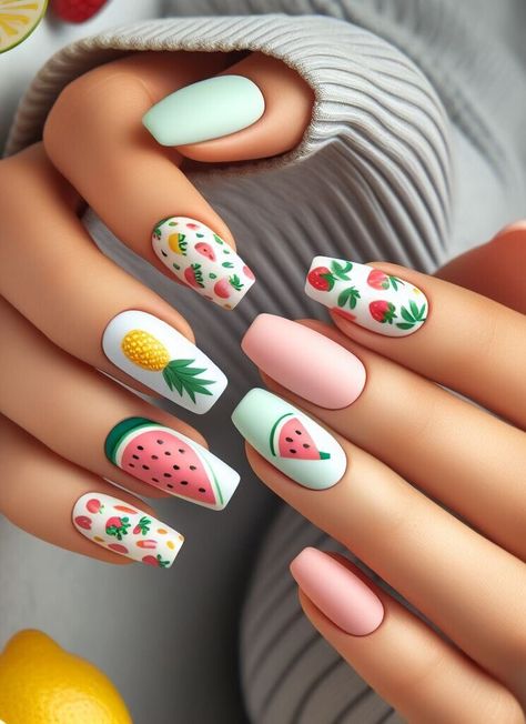 Summer fruit explosion for 2024! Indulge in the juicy goodness of watermelon, pineapple, and strawberry nail art designs. These vibrant and playful looks are perfect for adding a touch of sunshine to your fingertips. Fruity Summer Nails, Summer Nails Watermelon, Fruit Nails Design, Fruit Nail Ideas, Fruits Nails, Camping Nails, Pineapple Nail Art, Nail Art Fruit, Fruit Explosion