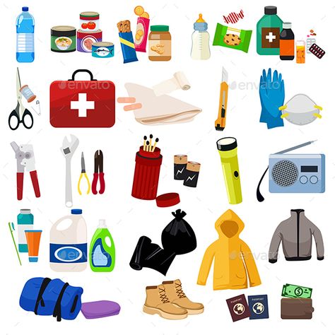 Survival Kit Icons Emergency Kit Drawing, Emergency Flashlight, Go Kit, Emergency Survival Kit, Safety Posters, Icon Sets, Object Drawing, Object Lessons, Emergency Management