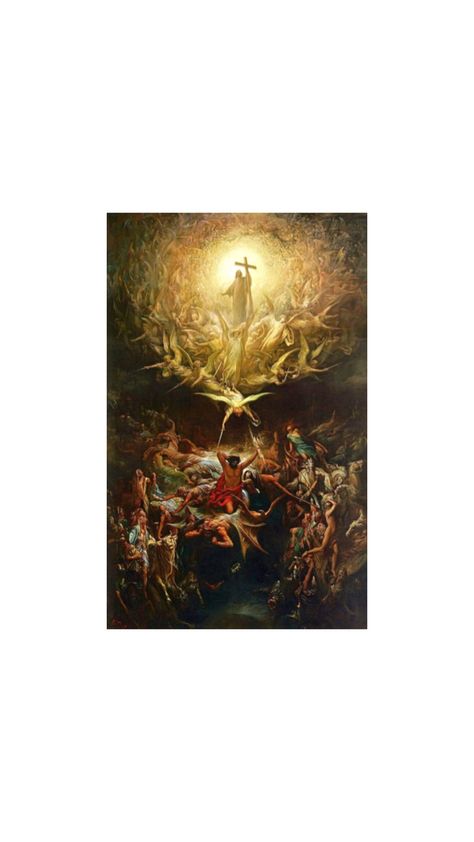 The Triumph Of Christianity Over Paganism(1868?). Oil in canvas. 118 x 79 in. Christ, carrying a Cross, surrounded by a host of angels, forming a circle, swords ready to attack, sweeping above pagan gods of every kind.  The Joey and Tobey Tanenbaum Collection, 2002. Art Gallery of Hamilton, Ontario. Painted by Gustave Doré; Published in London on October 1st, 1899, by the Doré Gallery, 35, New Bond St. W. Copyright Registered, engraved by W.H. Simmons. Printed by Crowdy & Loud, 7, Pall Mall London, S.W." Triumph Of Christianity Over Paganism, Pagan Gods, Pall Mall, Gustave Dore, Hamilton Ontario, October 1st, Art Gallery, Jesus, Canvas