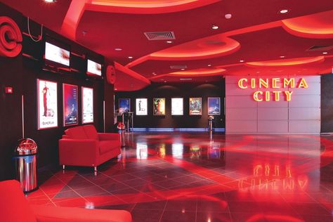 Cinema City in 'Transylvania' (Romania) Movie Theater Lobby, Theater Lobby, Auditorium Design, Theatre Inspiration, Cinema Design, Theatre Interior, Hollywood Cinema, Modern Office Design, Movie Shots