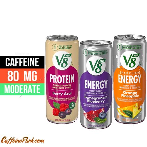 How Much Caffeine is in a V8 +Energy Drink? V8 Energy Drinks, Caffeine Content, Honeycrisp Apples, Good Source Of Fiber, Strawberry Kiwi, Pineapple Coconut, Peach Mango, Vegetable Juice, Acai Berry