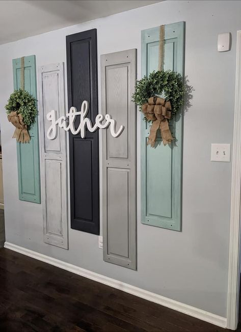 Shutter Wall Decor, Farmhouse Shutters, Tide Pods, Hallway Wall Decor, Farmhouse Decor Living Room, Church Decor, Farmhouse Wall Decor, Farmhouse Wall, Room Wall Decor