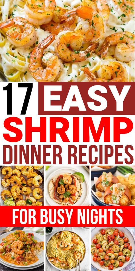 These shrimp dinner recipes are so tasty! This collection of easy shrimp recipes includes shrimp tacos, sesame shrimp bowls, lemon garlic shrimp kebabs, shrimp Alfredo, Cajun shrimp, Thai shrimp coconut curry soup and so much more. These are the best shrimp dinners to feed your family on busy weeknights. Easy Shrimp Dinners For Families, Shrimp For Lunch, Dinner Idea With Shrimp, Shrimp Dinner Meals, What To Cook With Shrimp, Quick And Easy Shrimp Recipes, Recipe Using Cooked Shrimp, Easy Shrimp Dinner Recipes Healthy, Large Shrimp Recipes Dinners