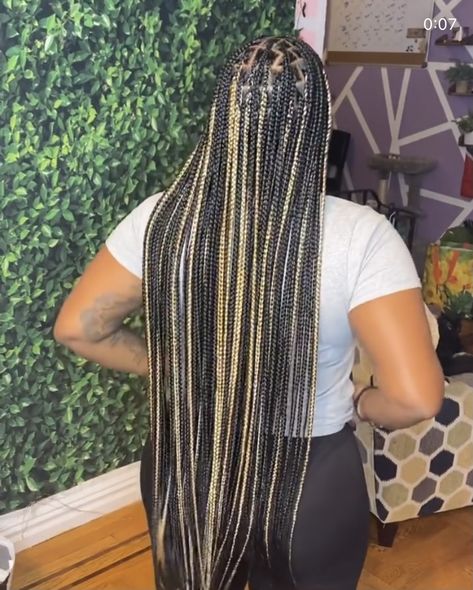 Small Box Braids Long Black Women Color, Blond And Black Braids Black Women, Knotless Box Braids With Color Brown, Black N Blonde Braids, Blonde Streak Box Braids, Knotless Braids With Honey Blonde Highlights, Blond Peak A Boo Braids, Black And 27 Knotless Braids, Black Ombre Knotless Braids