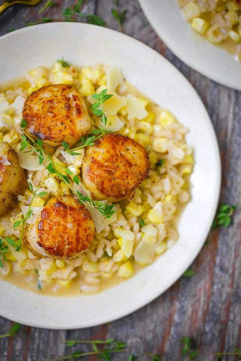 Corn Risotto, Coquille St Jacques, Parmesan Risotto, Pan Seared Scallops, Seared Scallops, Shellfish Recipes, Scallop Recipes, Summer Corn, Risotto Recipes