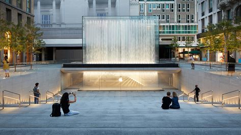 Foster + Partners' Milan Apple Store Opens to the Public With Dramatic Waterfall Entrance Apple Store Design, Milan Store, Store Architecture, Italy Architecture, Apple Shop, Foster Partners, Norman Foster, Glass Facades, Milan Design Week