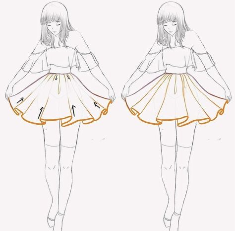 How To Draw A Ruffled Skirt, Skirt Art Drawing, Pleated Skirt Art Reference, Flowing Skirt Drawing, Flowy Skirt Reference Drawing, Fluffy Skirt Drawing Reference, Flowing Skirt Reference, Skirt Folds Reference, Skirts Drawing Reference