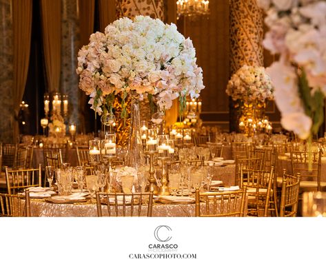 Ivory Flower Arrangements, Wedding Gold And White, Drake Wedding, Gold Wedding Chairs, White Floating Candles, Wedding Jewish, Gold And White Wedding, Drake Hotel, Wedding Chicago