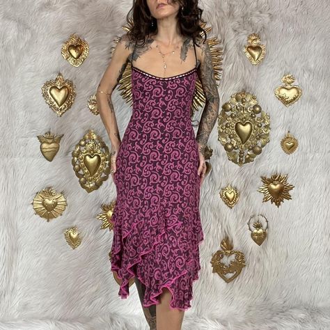 Vintage 90's Betsey Johnson Asymmetric Ruffled Slip... - Depop 2000s Slip Dress, Manifest List, Thrift Manifest, 90s Slip Dress, Stretch Lace Dress, Thrift Inspo, Vintage Betsey Johnson, Dress Asymmetrical, Denim Midi Skirt