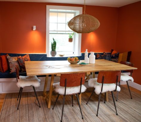 Orange Dining Room, Second Floor Addition, Living Room Upstairs, Vintage School Chairs, Cape Style Homes, Renovated House, Bohemian Dining Room, Living Room Orange, Orange Kitchen