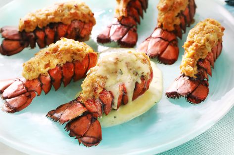 Nothing makes me feel more fancy than lobster, and these lobster tails—stuffed with a crab cake mix—are sensational. And, since I'm a self-proclaimed sauce girl, I like to serve my Blender Béarnaise sauce over the top. That's right—I've made homemade béarnaise sauce easier than ever, so if you've been shy about making it, you should give this method a try! Bearnaise Sauce Easy, Lobster Tail Recipes, Crab Stuffed Lobster, Stuffed Beef Tenderloin, Bearnaise Sauce Recipe, Stuffed Lobster, Kardea Brown, Lobster Recipes Tail, Brown Food