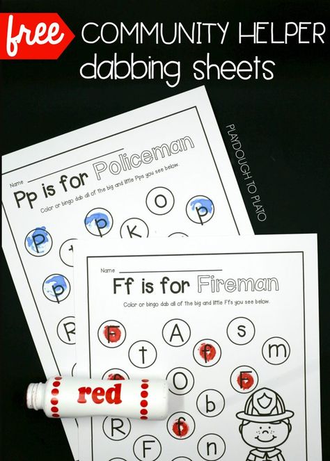 Free alphabet dabber sheets. Fun for a community helper unit, ABC game or literacy center! Community Helpers Literacy, Prek Community Helpers, Community Helpers Math, Community Helpers Week, Preschool Community Helpers Theme, Community Helper Lesson, Community Helpers Kindergarten, Community Helpers Activities, Community Helpers Preschool Activities