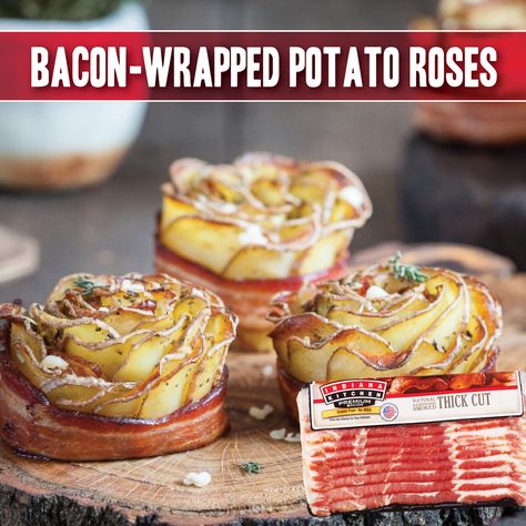 Roses are red, unless they're potato. If wrapped in bacon, Your sweetheart will say, "𝙒𝙃𝙊𝙊𝙊𝘼𝘼𝘼𝘼𝘼𝘼!" Get recipe: https://indianakitchen.com/recipe/bacon-wrapped-potato-roses/ #MyBrandIsIndiana #ValentinesDay2021 Potato Bacon Flowers, Potato Roses, Bacon Wrapped Potatoes, Cajun Shrimp And Grits, Potato Bacon Soup, Potato Bacon, Cheddar Burger, Bacon Potato, Bacon Appetizers