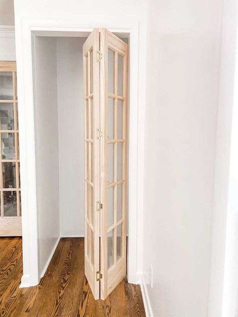 Small French Closet Doors, Double Folding Doors Interior, French Doors To Closet, French Doors Laundry Room, Converting Hallway Closet, Bifold Door To French Door Diy, Tri Fold Doors, Folding Door Makeover, Salon Doors