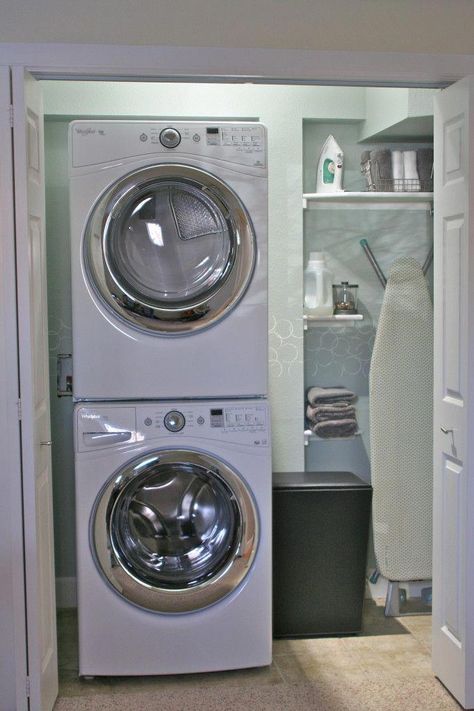 25 Small Laundry Room Ideas - Home Stories A to Z Utility Room to be built for stacked washer/dryer Storage Above Washer And Dryer, Laundry Room Drawing, Storage Above Washer, Stackable Washer Dryer Laundry Room, Laundry Room Stackable, Small Laundry Closet, Stackable Laundry, Laundry Room Storage Shelves, Small Laundry Room Makeover