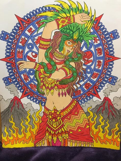 Chantico the Aztec Goddess of Fire from Goddesses coloring book by ColorIt Aztec Goddess, Goddess Of Fire, Aztec Artwork, Aztec Symbols, Fire Goddess, Aztec Tattoo Designs, Prison Art, Mayan Art, Aztec Tattoo