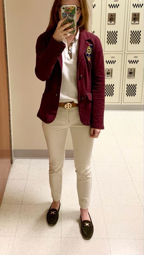 Maroon blazer, brown tory burch belt, khaki dress pants ann taylor, white polo burberry short sleeve, brown salvatore ferragamo loafers outfit Ralph Lauren Blazer Outfit, Burgundy Loafers Outfit, Blazer Work Outfit, Loafers With Socks, Maroon Blazer, Burberry Shorts, Loafers Outfit, Ralph Lauren Blazer, Khaki Dress Pants