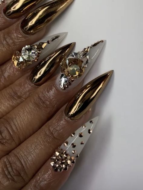 Nail Rhinestone Design Ideas Gems, Harlem Nights Nails, Bling Coffin Nail Ideas, Studded Nail Art, Gold Chrome Acrylic Nails, Gold Chrome Nails With Rhinestones, May 2024 Nails, Gold Glam Nails, Beyonce Nails Inspiration