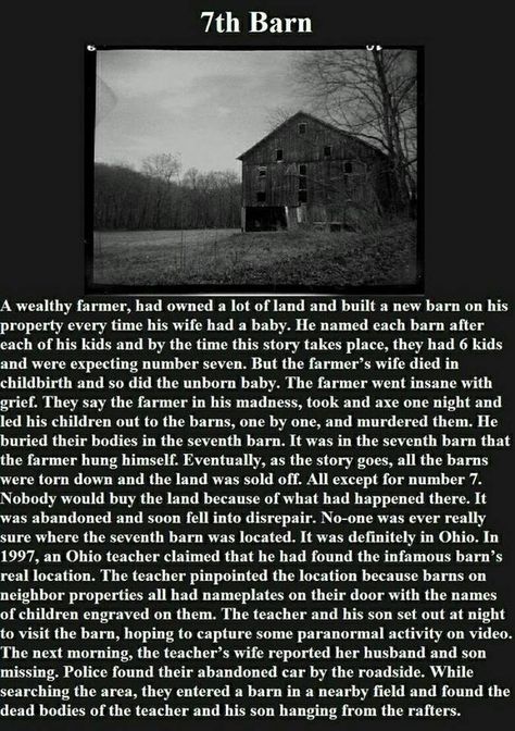 The 7th barn scary story Short Creepy Stories, Creepy Ghost, Scary Facts, The Creeper, Creepy Facts, Spooky Stories, Urban Legends, Haunted Places, Weird Stories