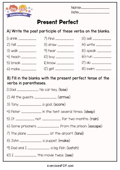 Present Perfect Tense Exercises, Present Perfect Tense, Tenses Exercises, English Grammar Test, Reading Comprehension For Kids, English Grammar Exercises, Study English Language, Perfect Tense, English Exercises