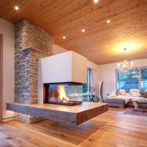 Fire Places Ideas, Mid Century Fireplace, 3 Sided Fireplace, Lodge Ideas, Indoor Ideas, Warehouse Home, Chalet Design, Fire Places, Tv Wall Decor