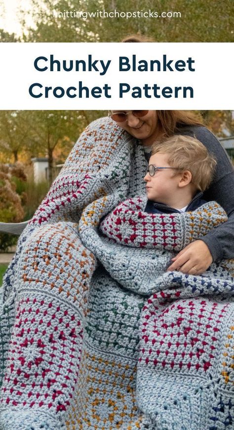 Modern Crochet Blanket Free Pattern, Crocheted Chunky Blanket, Masculine Granny Square Crochet, Manly Crochet Blanket, Crochet Blanket Patterns For Men, 3 Color Granny Square, Scrap Crochet Blanket, Chunky Granny Square Blanket, Modern Granny Square Blanket