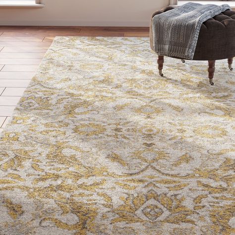 Feminine French Country Sagebrush Gold/Grey Area Rug & Reviews | Wayfair.ca Inexpensive Area Rugs, Dining Area And Living Room, Apartment Rug, Mom Living Room, Floral Couch, Dallas Apartment, Warm Bedroom, Gold Area Rug, Neutral Area Rugs