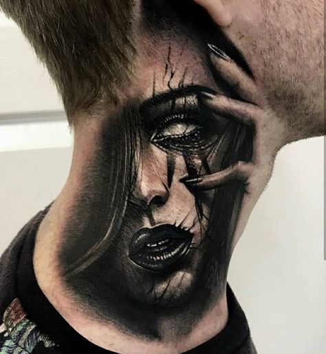 Womans Portrait, Best Neck Tattoos, Chicano Tattoos Sleeve, Throat Tattoo, Evil Tattoos, Scary Tattoos, Neck Tattoo For Guys, Tatuaje A Color, Tattoo Desings