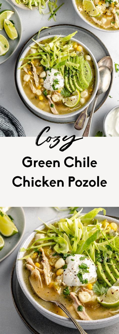 Cozy green chile chicken pozole made with hominy, veggies and wonderful herbs and spices. This delicious take on traditional chicken pozole is packed with protein and the perfect dinner for chilly months. Add your favorite toppings like shredded cabbage, greek yogurt and creamy avocado! #pozole #chicken #chickensoup #souprecipe #mexicanfood #healthydinner #glutenfree #healthylunch Pozole Chicken, Ambitious Kitchen Recipes, Chicken Pozole, Green Chili Chicken, Green Chile Chicken, Shredded Cabbage, Ambitious Kitchen, Chili Chicken, Soups Stews Chilis