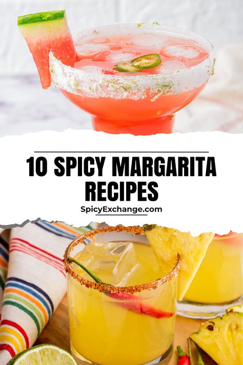 collage with two photos of margaritas with chili; text "10 spicy margarita recipes". Spicy Margarita Recipes, Mango Jalapeno Margarita, Watermelon Jalapeno Margarita, Marg Recipe, Spicy Margarita Recipe, Spicy Margaritas, Birthday Gathering, Traditional Margarita, Grilled Corn Salad