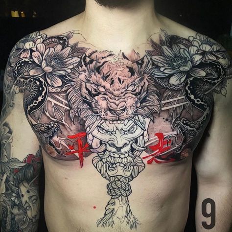 Chest Tattoo Japanese, Japanese Irezumi, Japanese Hand Tattoos, Chest Tattoo Stencils, Full Chest Tattoos, Japanese Tattoos For Men, Full Hand Tattoo, Tattoo Chest, Yakuza Tattoo