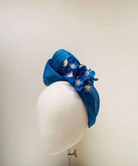 Royal Blue fascinator headband, silk abaca high end turban glamour headpiece, crown, wedding guest, ascot, derby races, cocktail, occasion Royal Blue Fascinator, Blue Fascinator, Fascinator Headband, Turban Headbands, Wedding Guest, Royal Blue, Fascinator, Derby, Headpiece