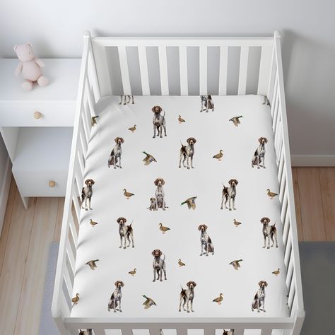 "Shop more of our GSP Nursery Collection:https://www.etsy.com/shop/SunsetSageDesigns?ref=seller-platform-mcnav&search_query=gsp Want even more GSP items? Head on over to our sister shop:  https://www.etsy.com/shop/SeventeenDesigns?ref=shop_sugg_market&search_query=gsp Customize and coordinate your nursery with this beautiful German Shorthaired Pointer crib sheet. This GSP baby crib sheet makes the perfect gsp baby shower gift for the new baby in your life.  Also available in this listing are the following: Standard crib sheet 30\"x40\" swaddle 42\"x42\" swaddle velveteen minky blanket 30\"x40\" velveteen minky blanket 50\"x60\" velveteen minky blanket 60\"x80\" Love this design? Shop the collection!  Message us more more info! CUSTOM ORDERS If you have something in mind that you would like Hunting Theme Nursery, Hunting Nursery, Nursery Guest Room, Hunting Baby, Boy Nursery Themes, Baby Boy Bedding, Baby Crib Sheets, Baby Boy Room Nursery, Nursery Room Boy