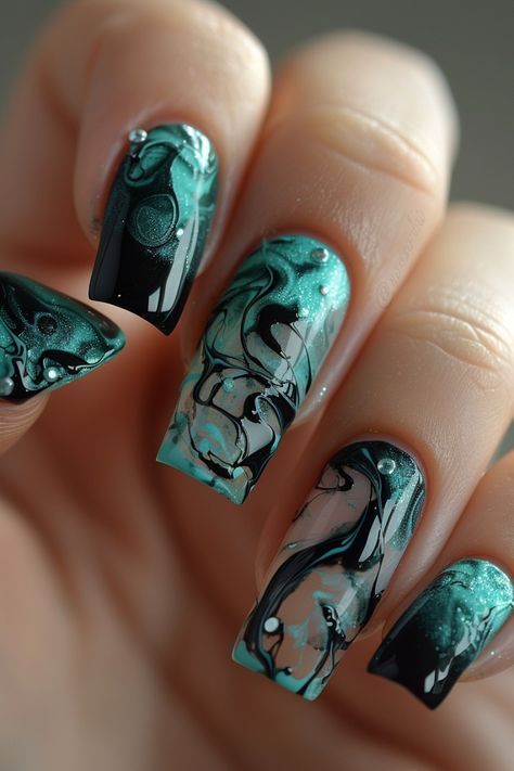 Turquoise Black Nails, Elemental Nails, Black And Turquoise Nails, Turquoise And Black Nails, Black And Teal Nails, Black Summer Nails, Ocean Nail Art, Paw Nails, Stylish Nail Art