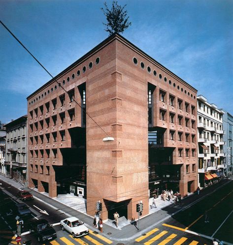 Mario Botta, Building Ransila I, Lugano, Switzerland, 1981-1985 Mario Botta Architecture, Mario Botta, Facade Architecture Design, Famous Architecture, Unusual Buildings, Brick Architecture, Unique Architecture, Classical Architecture, Facade Architecture