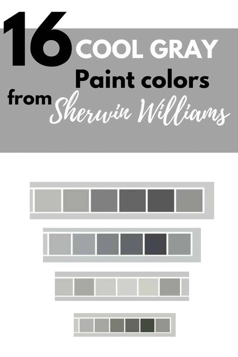 There's no doubt gray paint colors are a popular choice for interior walls. Cool gray paint colors are relaxing and calming. There are 16 of the best Sherwin Williams Cool Gray paint colors.#coolgray #paintcolors #graypaint #interiordesign #grayshades Cool Grey Paint Colors Sherwin Williams, Most Popular Gray Paint Sherwin Williams, Cool Gray Exterior House Colors, Best Sherwin Williams Gray Paint Colors, Popular Sherwin Williams Grey, Light Cool Gray Paint Colors, Cool Gray Paint Colors Sherwin Williams, Sherwin Williams Lazy Gray Exterior, Pale Grey Paint Colors