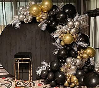 Amazon.com : great gatsby party Black Gold Silver Balloon Arch, Black Gold Silver Birthday Decorations, Birthday Decorations Balloons Decor, Man’s Birthday Decorations, Black Silver And Gold Balloon Garland, Prom Decorations Black And Gold, Roaring 20s Balloon Arch, Black Gold Photo Booth, Gatsby Balloon Arch