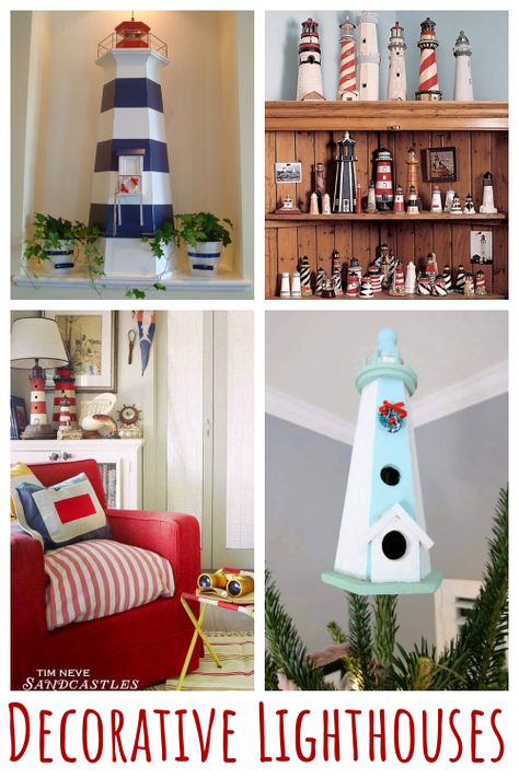 Love lighthouses? Here are some nautical decor ideas to bring some decorative lighthouse to your home. These can also be historic lighthouses! Shop the Look! Featured on Completely Coastal. Lighthouse Decorations, Lighthouse Decor Ideas, Patriotic Room, Nautical Interior Design, Nautical Lamps, Lighthouse Decor, Nautical Interior, Nautical Colors, Nautical Living Room