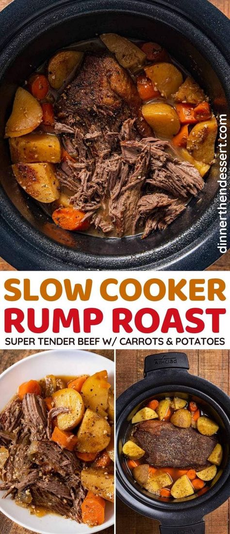 Slow Cooker Rump Roast makes wonderfully tender meat in a rich gravy with veggies (also includes instant pot and oven recipes.) #dinner #slowcooker #crockpot #beef #rumproast #carrots #potatoes #dinnerthendessert Slow Cooker Rump Roast, Rump Roast Crock Pot Recipes, Crockpot Rump Roast, Beef Rump Roast, Crock Pot Roast, Rump Roast, Crockpot Roast Recipes, Pot Roast Crock Pot Recipes, Tender Meat