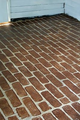 Make a faux brick floor using a sponge and stain! Here are step-by-step instructions. Faux Brick Flooring, Red Wood Stain, Stained Brick, Stain Concrete, Brick Floor, Remove Paint, Virginia Homes, Faux Brick, Concrete Porch