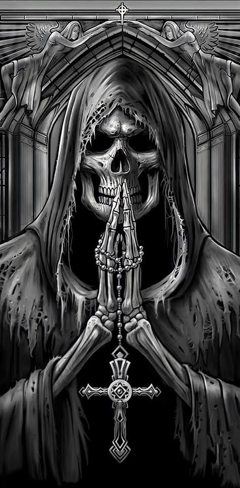 Angel Warrior Tattoo, Reaper Drawing, Black Skulls Wallpaper, Evil Skull Tattoo, Grim Reaper Tattoo, Reaper Art, Reaper Tattoo, Grim Reaper Art, Skull Art Drawing