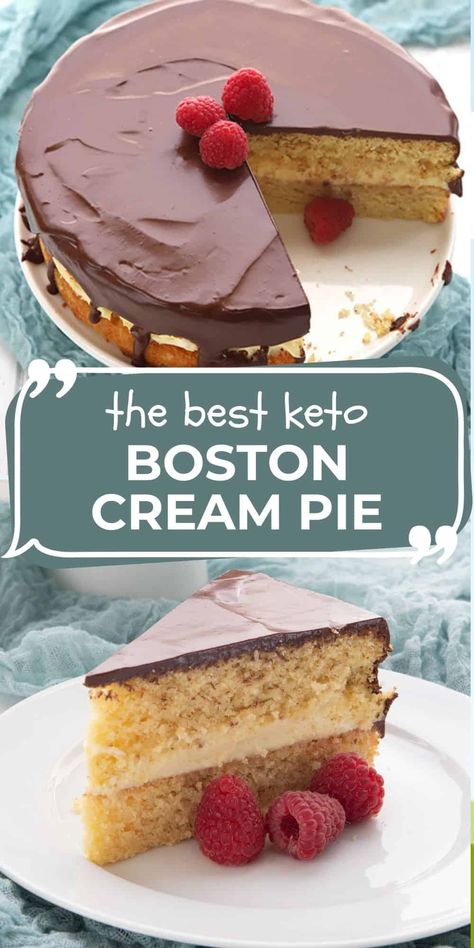 Boston Cream Pie gets a keto makeover! I recently updated this low carb recipe and now it's even better than before, with fewer carbs. Tender almond flour cake filled with sugar free vanilla pastry cream and a rich low carb chocolate glaze. #lowcarb #ketorecipes #ketodessert #bostoncreampie #almondflour #chocolateganache #lowcarbdiet #sugarfree Keto Boston Cream Cake, Keto Boston Cream, Boston Cream Pie Poke Cake, Boston Cream Pie Cake, Low Carb Pie, Keto Pies, Almond Flour Cake, Boston Cream Cake, Vanilla Pastry Cream