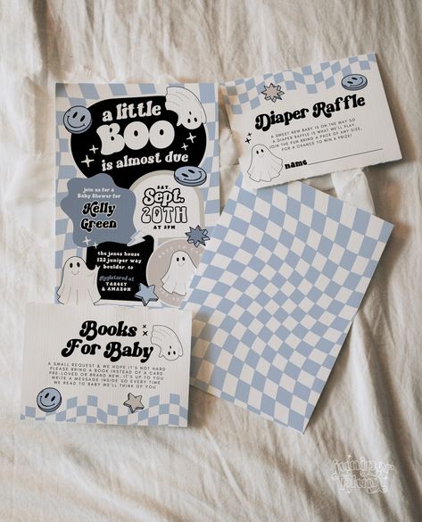 This Blue Checkered Smiley Little Boo Baby Shower Set is editable with Canva WHAT'S INCLUDED ------------------------ INVITATION: 5 x 7 inch (A7) BOOK REQUEST: 5 x 3.5 inch DIAPER RAFFLE: 5 x 3.5 inch Bundle & save 50% on 3 or more items! INVITE + BOOK + DIAPER: https://www.etsy.com/listing/1758870619 SIGNS: https://www.etsy.com/listing/1753227364 DUE DATE CALENDAR: https://www.etsy.com/listing/1767413527 BABY SHOWER GAMES: https://www.etsy.com/listing/1753210916 WELCOME SIGN: https://www.etsy.c A Boo Is Due, A Little Boo Is Almost Due Boy, A Little Boo Is Almost Due, Goth Baby Shower Ideas, Halloween Baby Shower Invitations, Denim Baby Shower, Baby Shower Themes For Boys, Jordan Baby Shower, Baby Boy Sprinkle