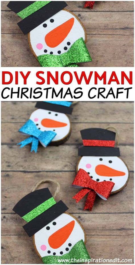 DIY Snowman Ornament For Kids · The Inspiration Edit Wooden Snowman Crafts, Diy Snowman Decorations, Diy Snowman Ornaments, Snowman Craft, Ornaments Homemade, Wooden Snowman, Christmas Crafts To Make, Diy Snowman, Gift Tags Diy