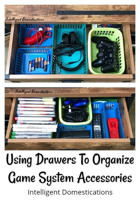 Using drawers to organize game system accessories and supplies. How I organized our game system accessories with drawers on a TV console. Game System Organization, Organize Planner, Video Game Organization, Controller Storage, Video Game Storage, Video Game Controllers, Game Organization, Organizing Wires, Kindred Spirit