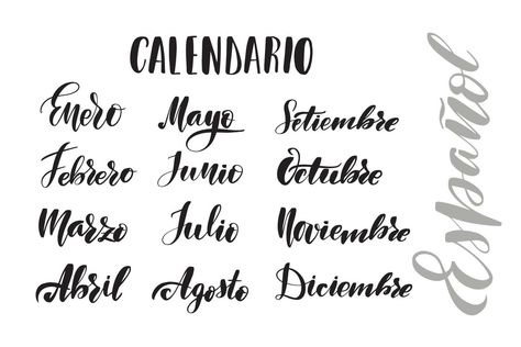 inspirador pincel manuscrito letras meses en español. Ilustración de caligrafía de vector aislado sobre fondo blanco. tipografía para pancartas, insignias, postales, camisetas, estampados, carteles. Months In Spanish, Spanish Calendar, Calligraphy Illustration, T Shirt Prints, Bullet Planner, Aesthetic Letters, Shirt Prints, Reading Journal, Brush Lettering