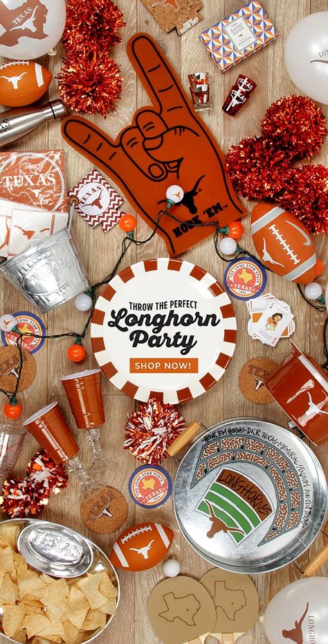 University Of Texas Party Decorations, Texas Longhorns Birthday Party, Longhorn Themed Party, Texas Longhorn Birthday Party, University Of Texas Graduation Party, Longhorn Party Ideas, Texas Party Decorations, Football Munchies, Longhorn Party