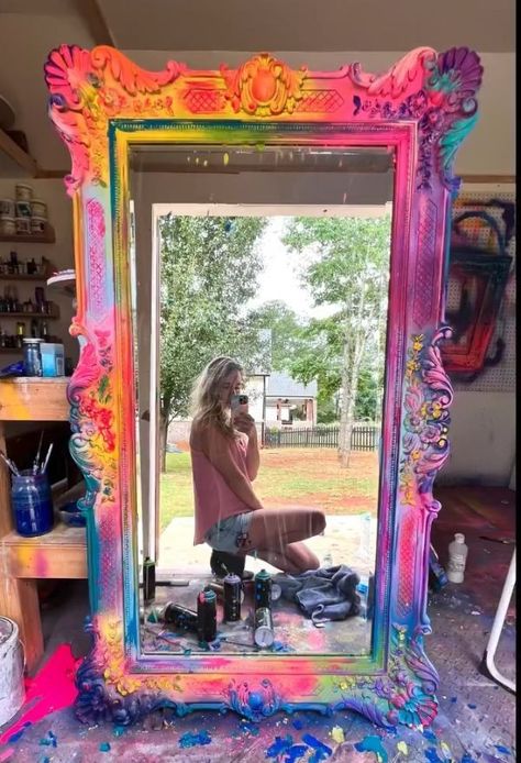 Bohemian Furniture Bedroom, Witch Altar Furniture, Graffiti Art Decor, Funky Painted Furniture Diy Art & Craft, Color Maximalist Decor, Neon Painted Furniture, Lisa Frank Aesthetic Room, Funky Colorful Living Room, Colorful Salon Ideas