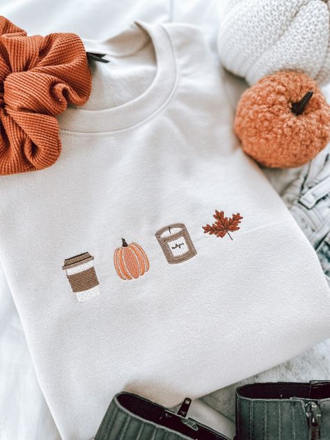 Give me alll the fall things! Say hello to your new favorite embroidered fall sweater Please note, this is a PRE-ORDER. Please allow 1-2 weeks for processing time. All other items in your order will be shipped at the same time.  Material: 50/50 polyester cotton blend, Gildan Softstyle crewneck Cozy Fall Outfits, Fall Things, Leaves Autumn, Coffee Sweatshirt, Pumpkin Sweatshirts, Pumpkin Candles, Embroidered Crewneck, Fall Hoodies, Fall Fits